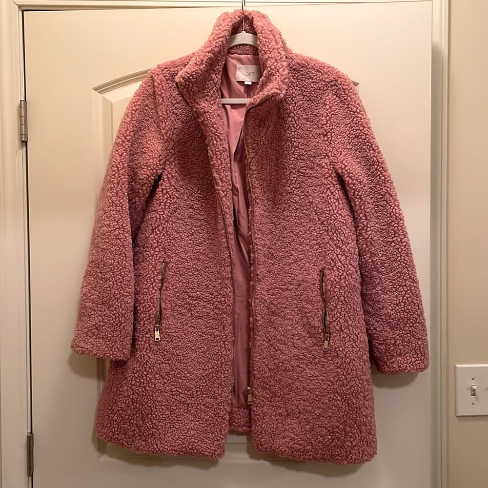 Loft Faux Sherpa Teddy Funnel Neck Coat - Pink